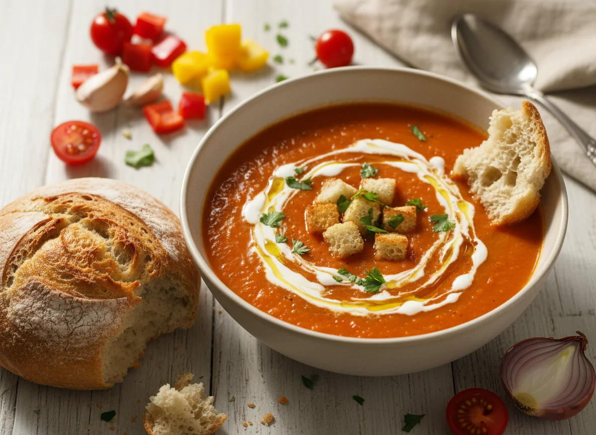 Creamy Tomato and Bell Pepper Soup with Bread photo