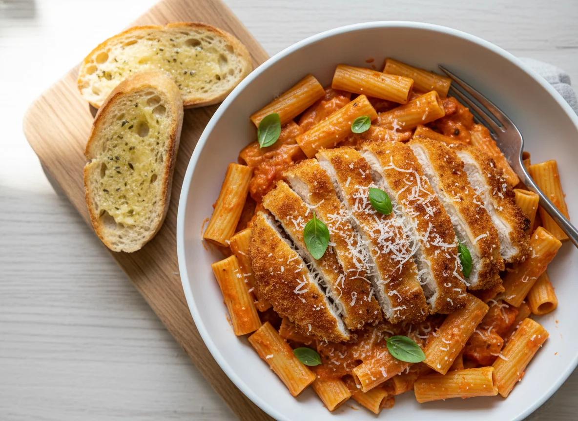 Creamy Tomato Pasta with Breaded Chicken photo