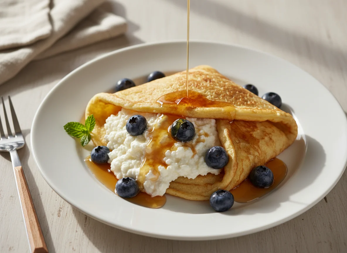 Crepe with Cottage Cheese and Blueberries photo