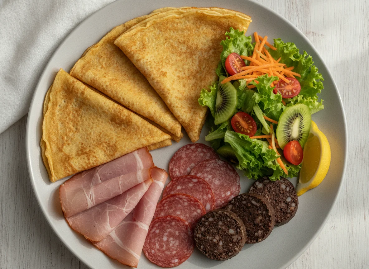 Crepes with cold cuts and salad photo