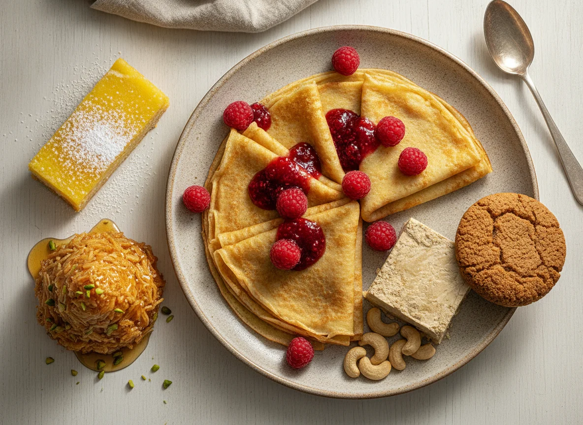 Crepes with jam and assorted sweets photo