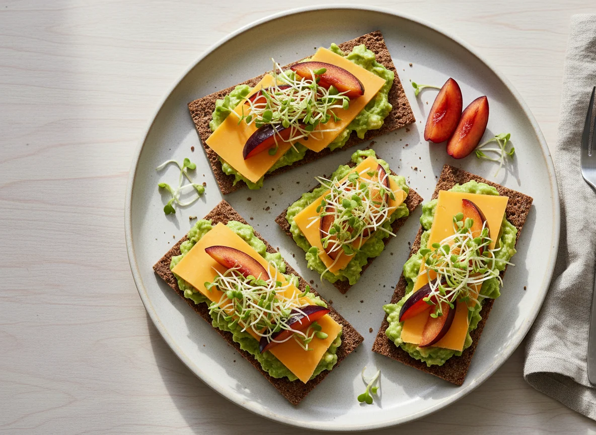 Crispbread with Avocado, Cheese, Sprouts and Plums photo