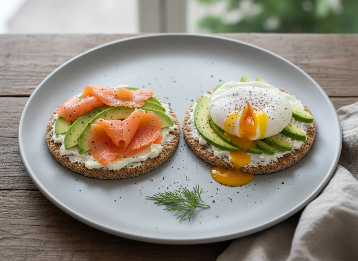 Crispbread with Avocado, Smoked Salmon, Cream Cheese and Poached Egg photo