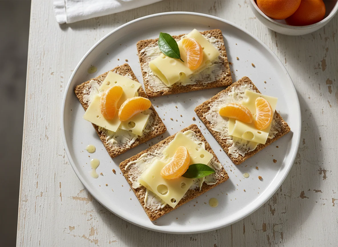 Crispbread with cheese and mandarin photo