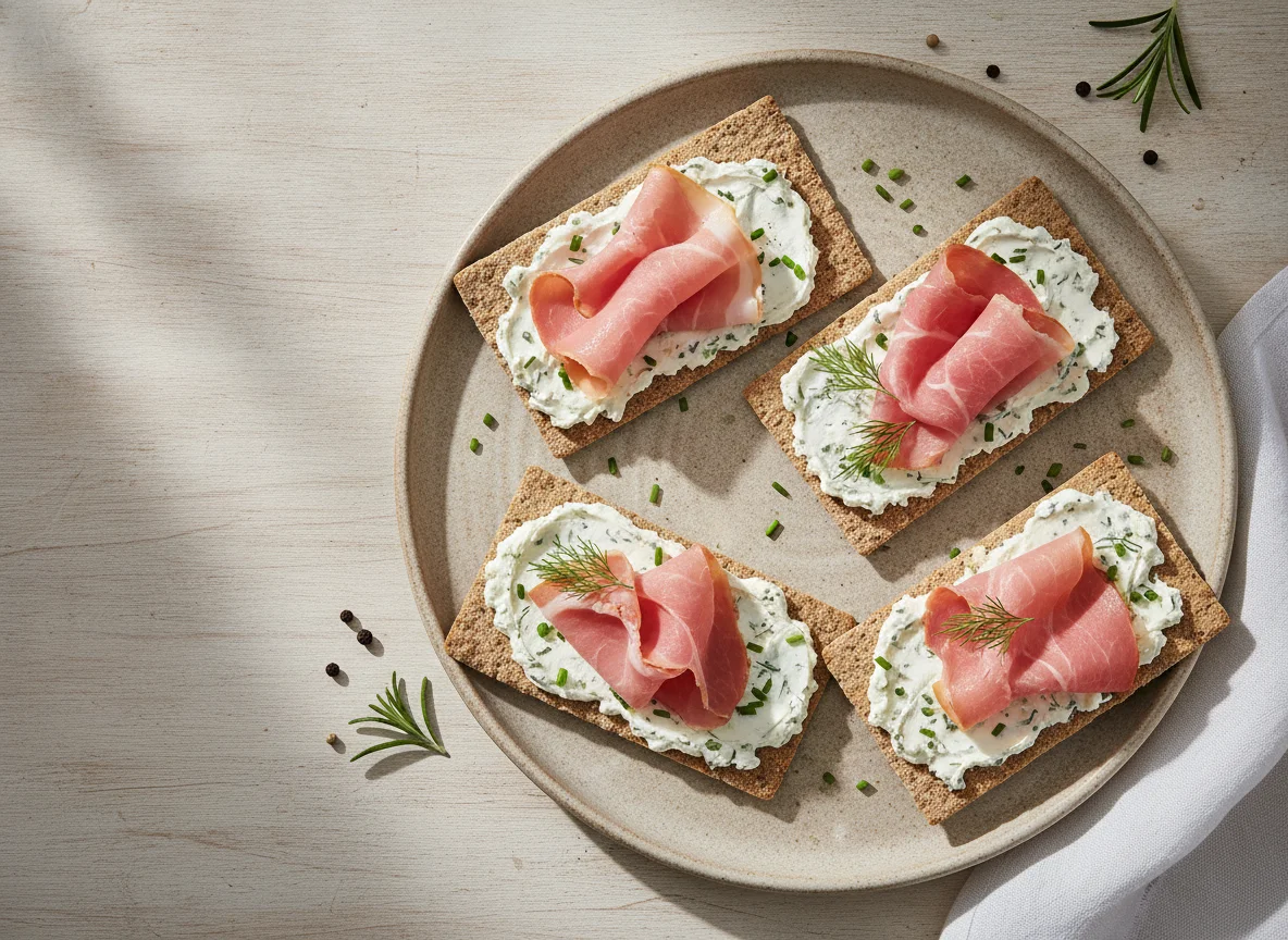 Crispbread with cream cheese and smoked ham photo