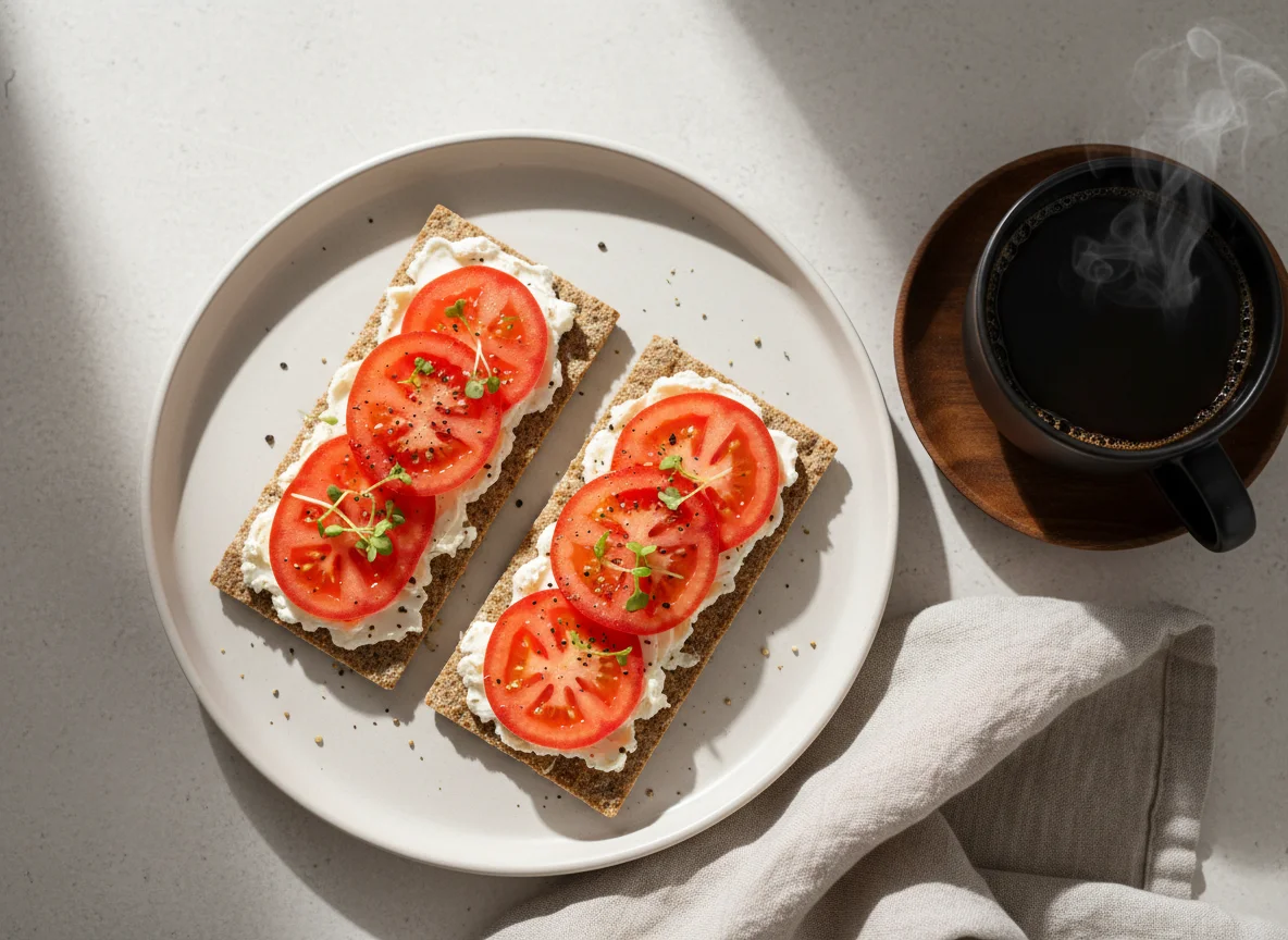 Crispbread with cream cheese and tomato with black coffee photo