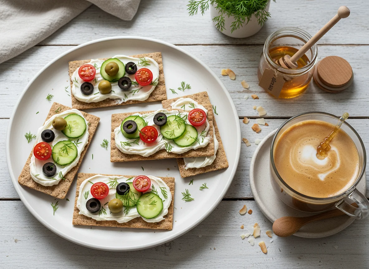 Crispbread with Cream Cheese and Vegetables, and Coffee with Coconut Milk and Honey photo