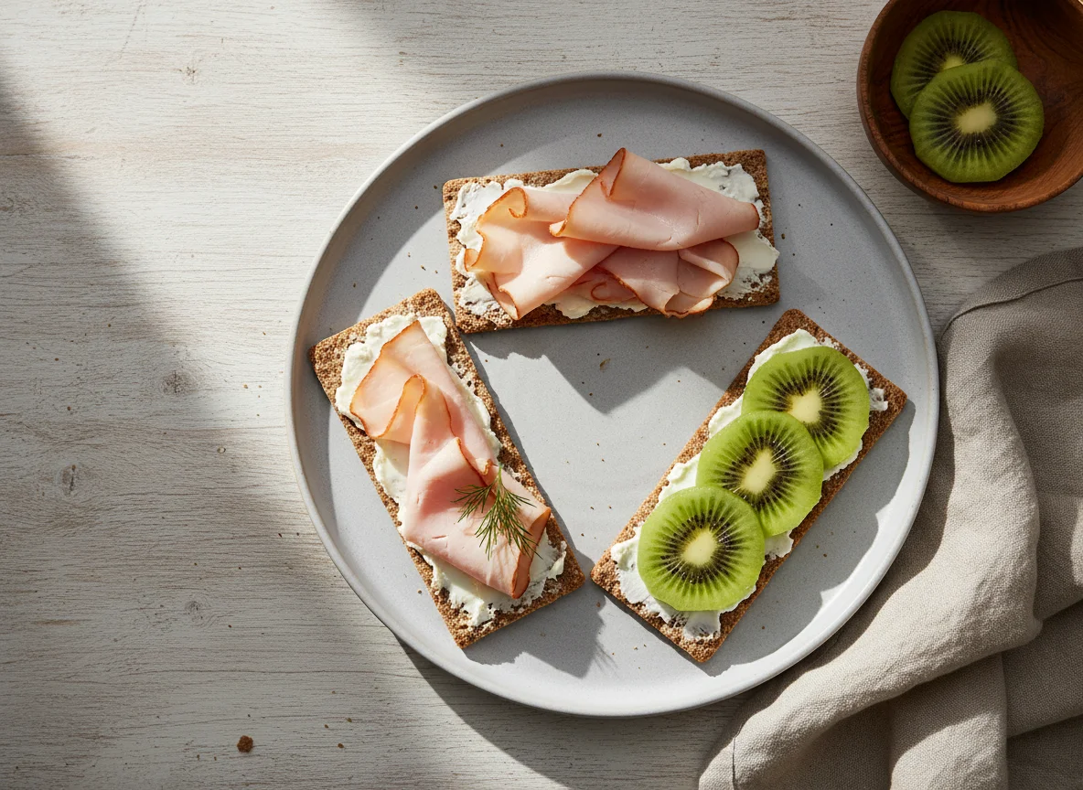 Crispbread with deli meat and kiwi slices photo