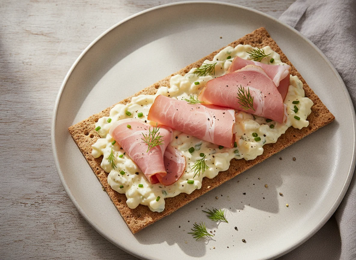 Crispbread with Egg Mayonnaise and Ham photo