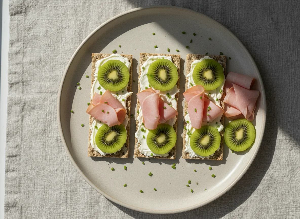 Crispbread with ham and kiwi slices photo