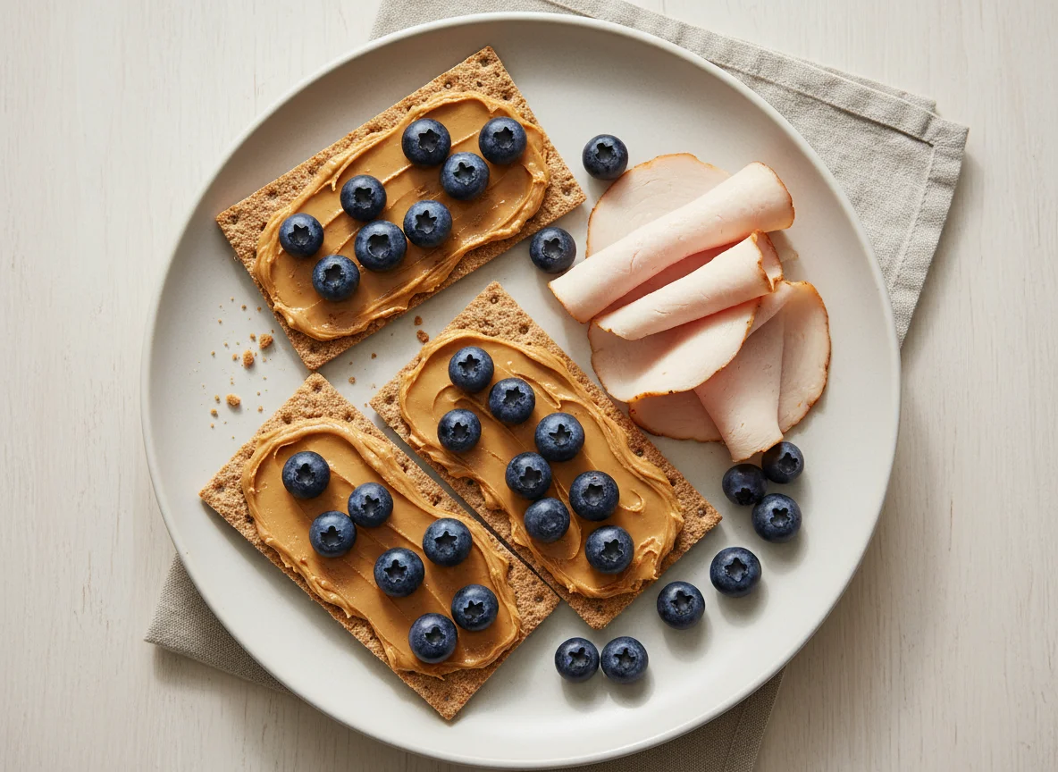 Crispbread with Peanut Butter and Blueberries, and Turkey Slices photo