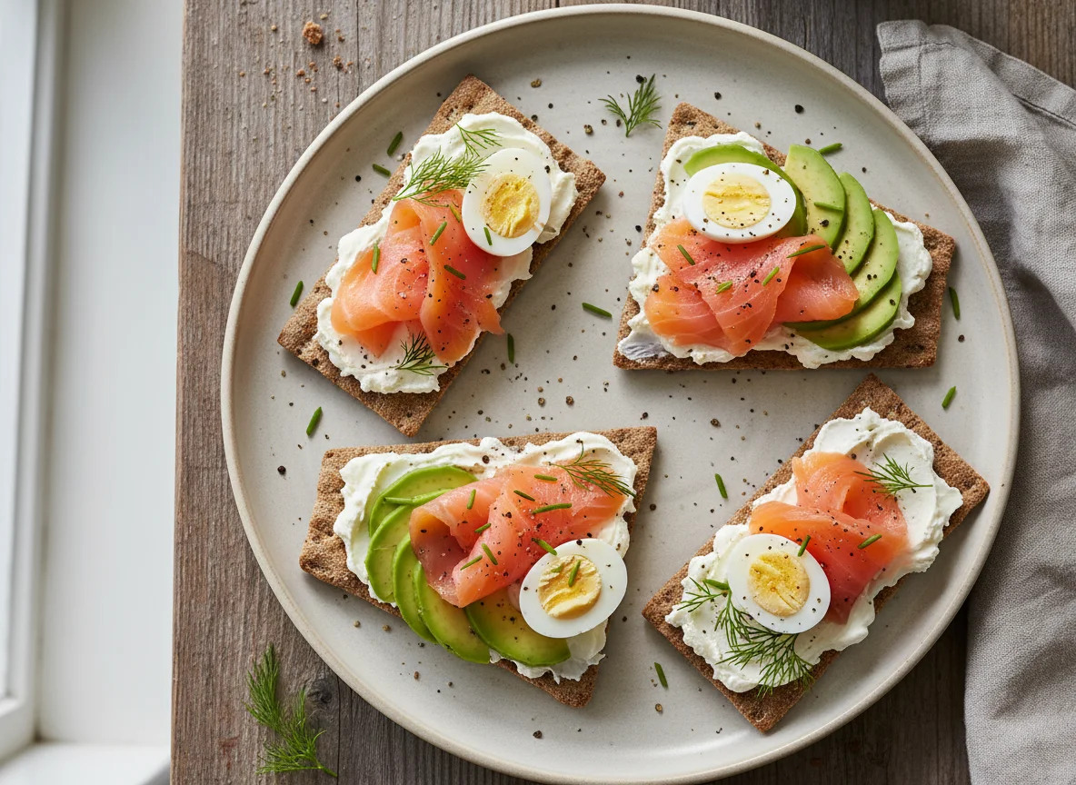 Crispbread with Smoked Salmon, Avocado, Cream Cheese and Quail Eggs photo