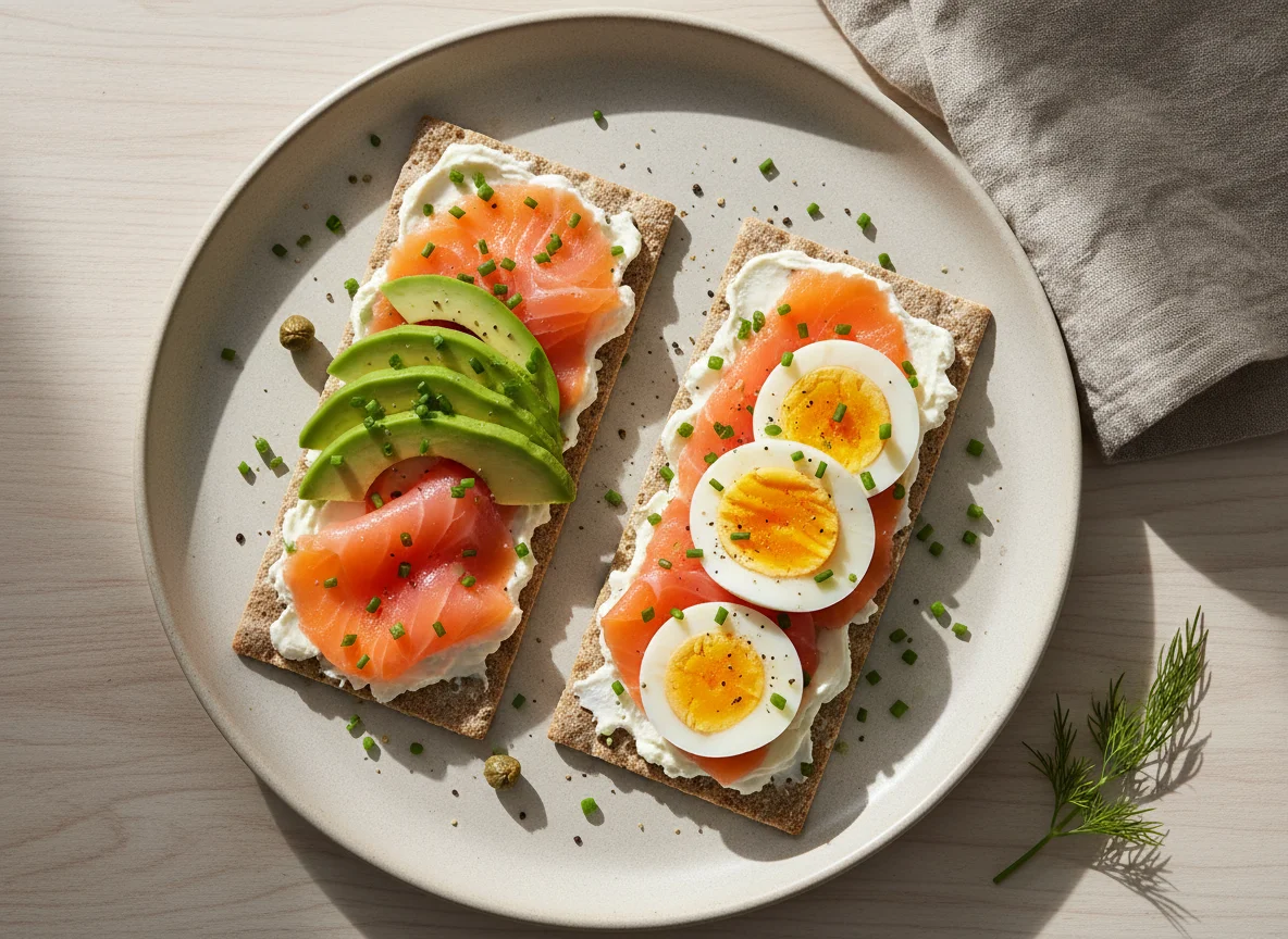Crispbread with Smoked Salmon, Avocado, Cream Cheese and Boiled Egg photo