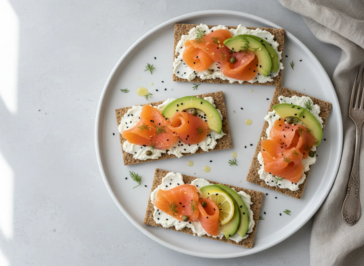 Crispbread with Smoked Salmon, Cream Cheese and Avocado photo