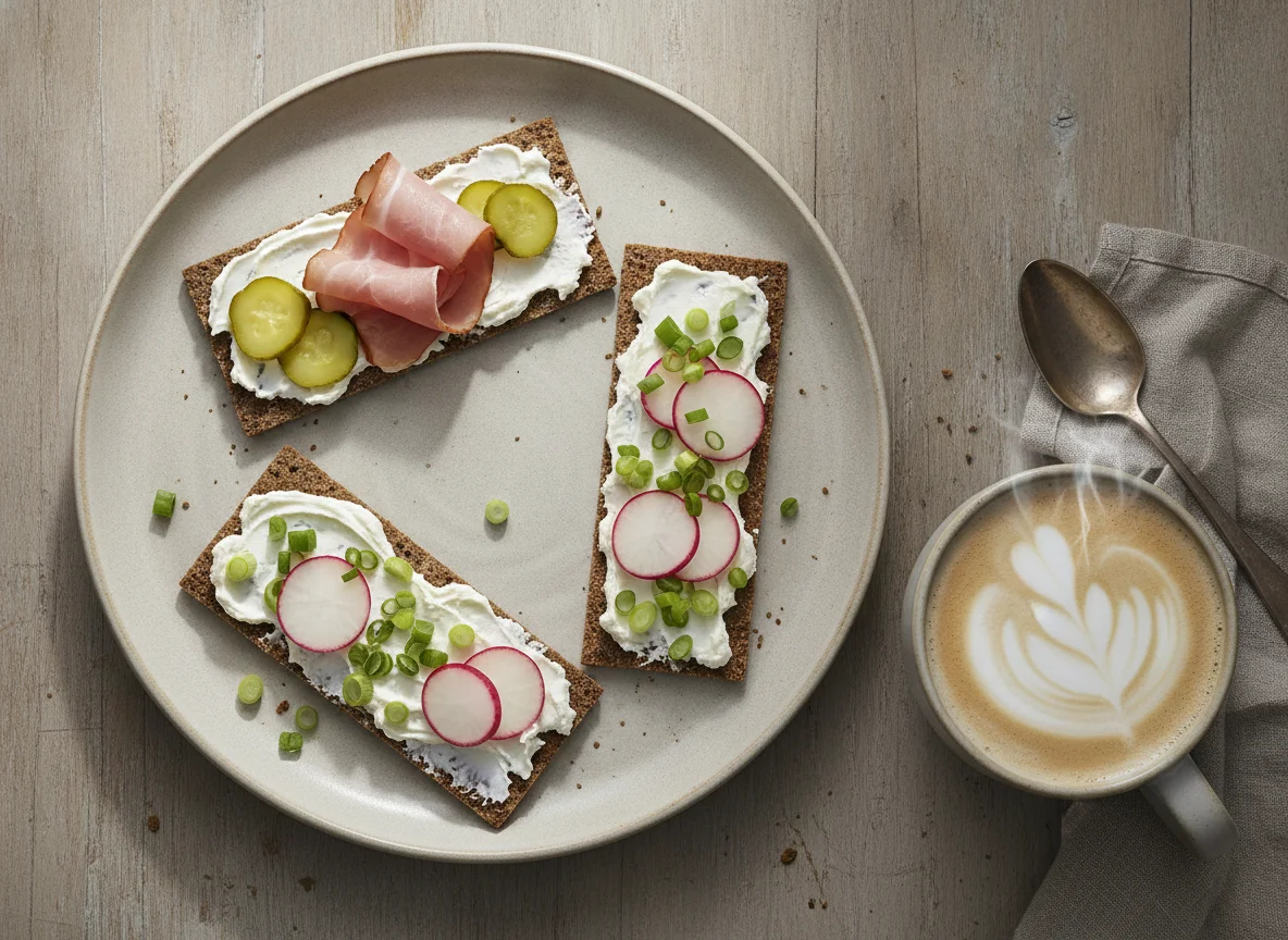 Crispbread with various toppings and coffee photo