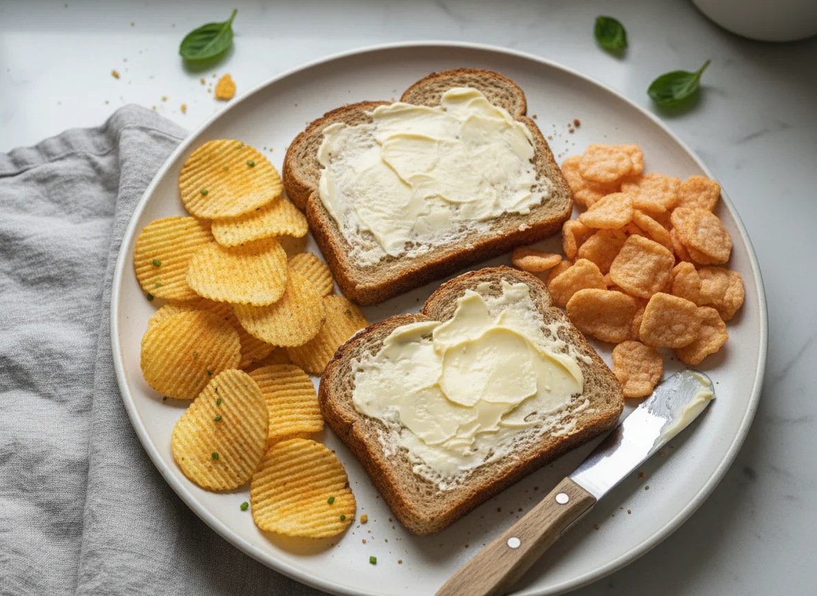 Crisps and buttered bread photo
