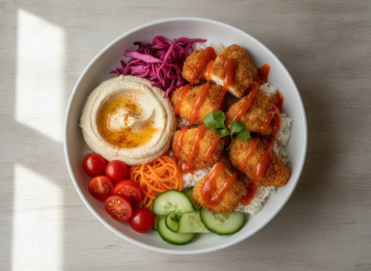 Crispy Chicken Bowl with Hummus and Vegetables photo