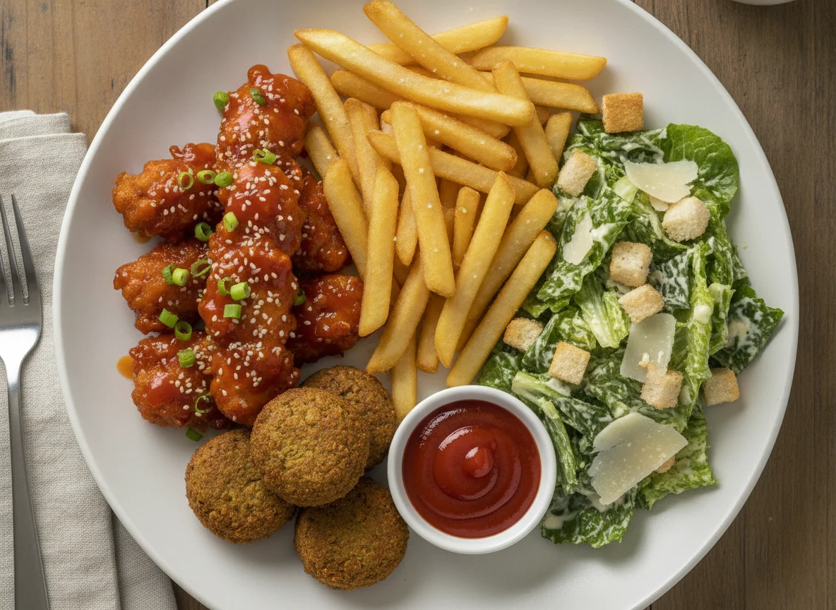 Crispy chicken with fries, salad and falafel photo