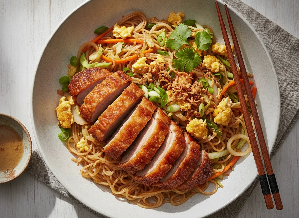 Crispy Duck with Rice Noodles and Vegetables photo