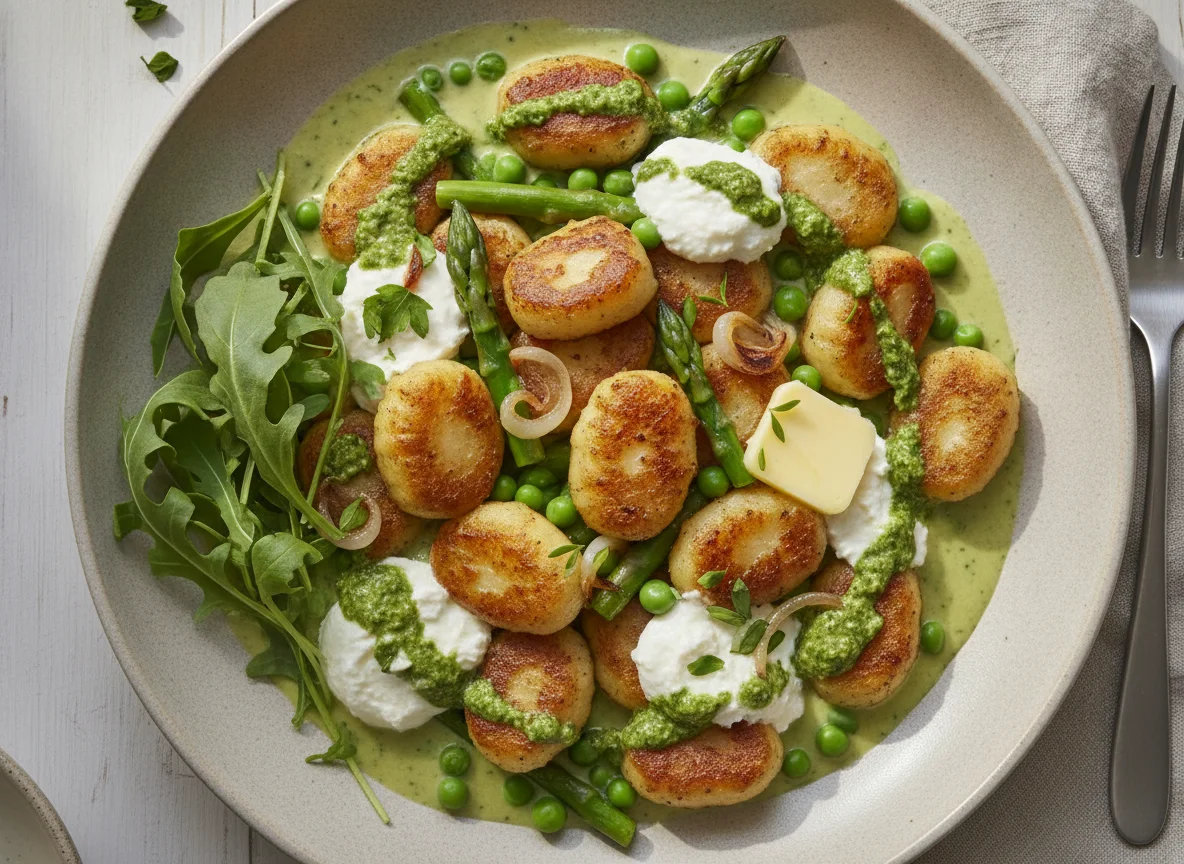 Crispy Gnocchi With Creamy Tarragon Sauce & Asparagus photo