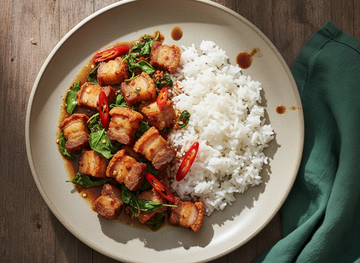 Crispy Pork Belly with Holy Basil on Rice photo