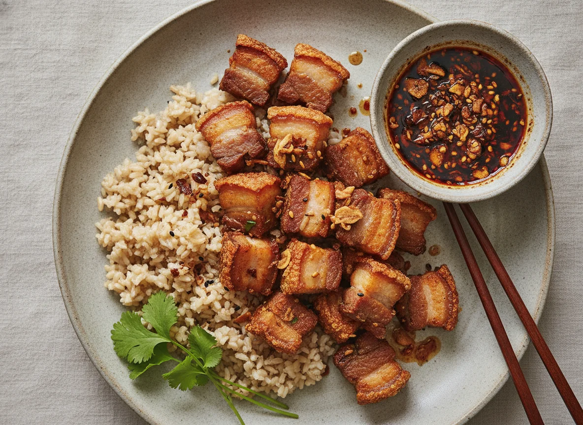 Crispy Pork Belly with Rice and Chili Oil photo