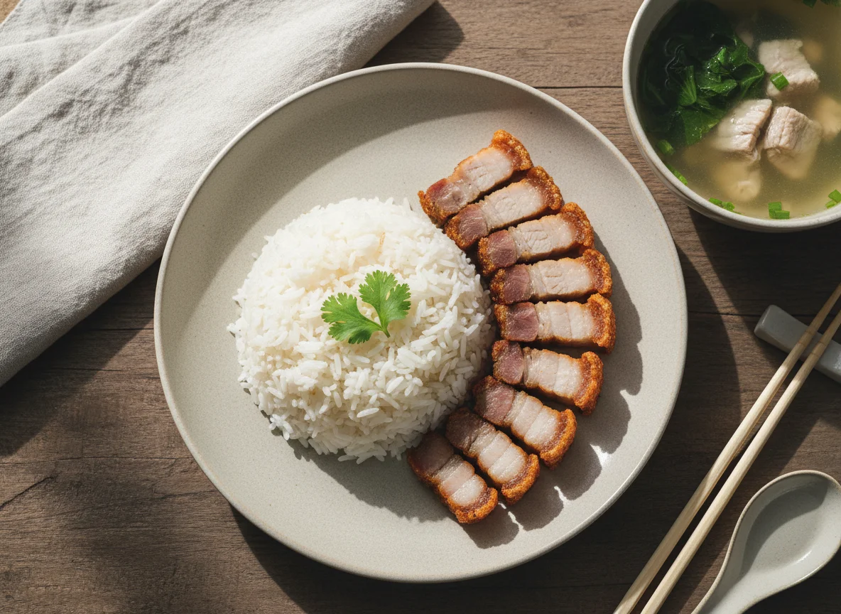 Crispy Pork Belly with Rice and Soup photo