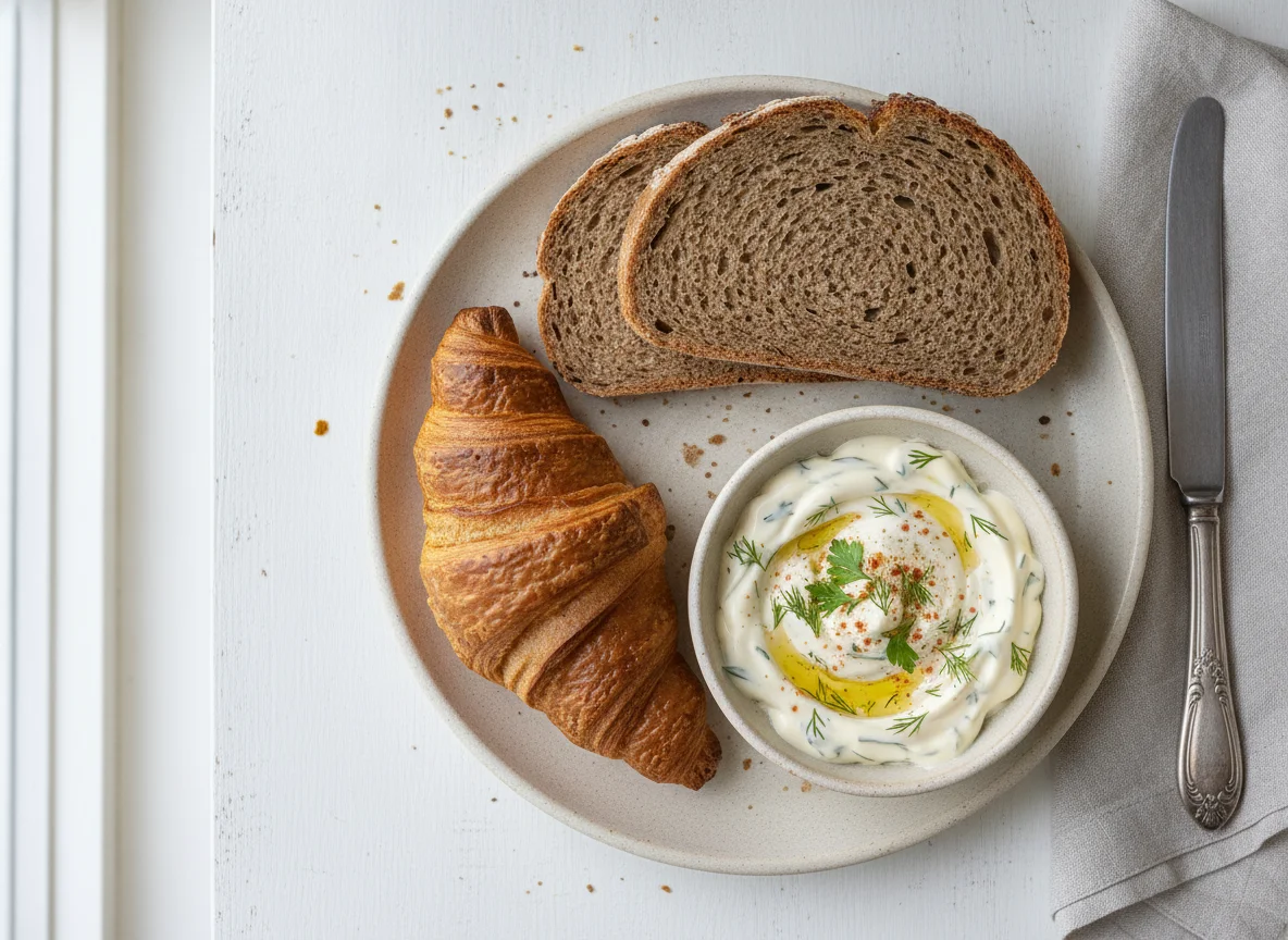 Croissant and Bread with Sauce photo