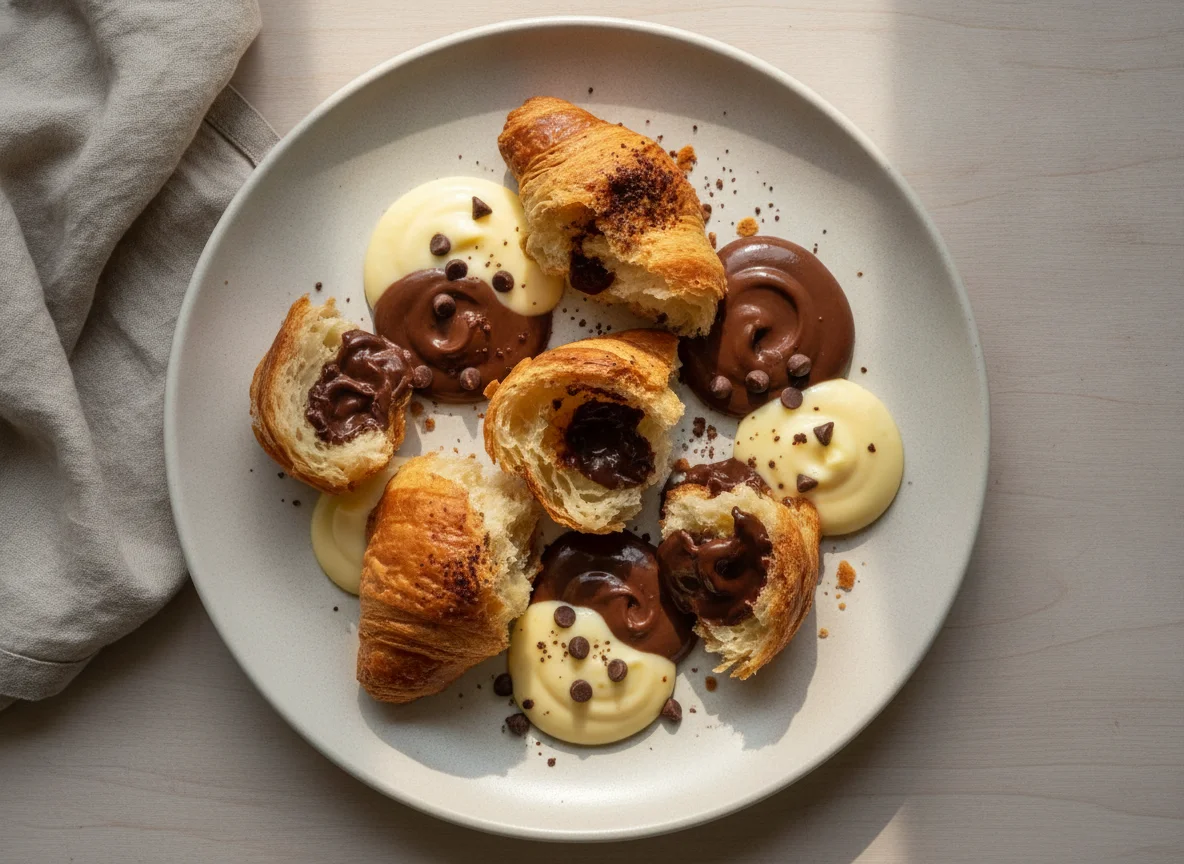 Croissant pieces with chocolate and vanilla pudding photo