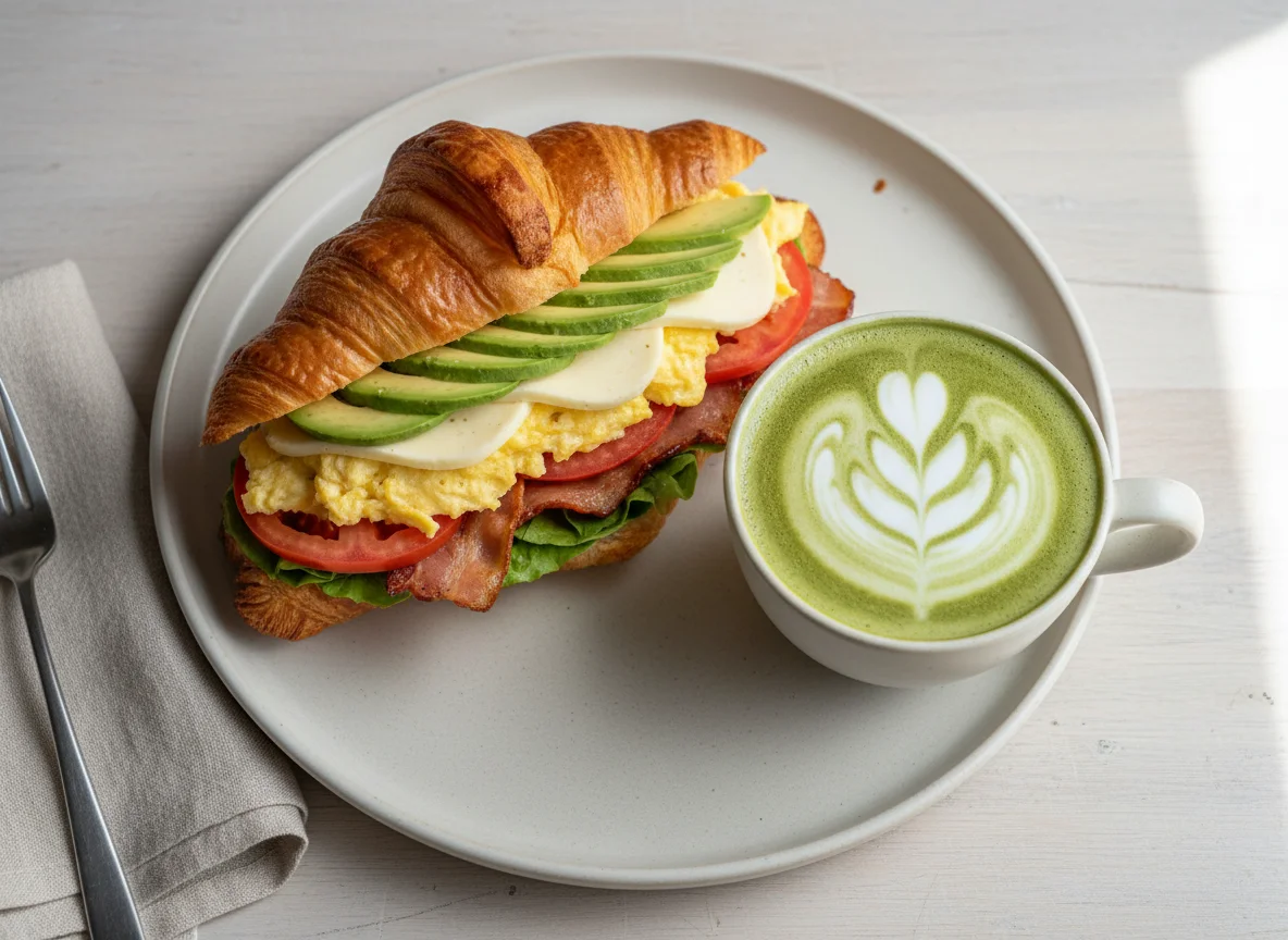 Croissant Sandwich with Matcha Latte photo