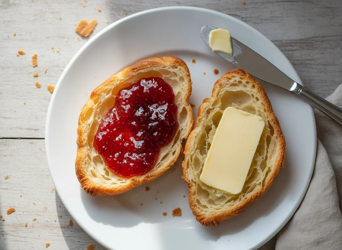 Croissant with jam and butter photo