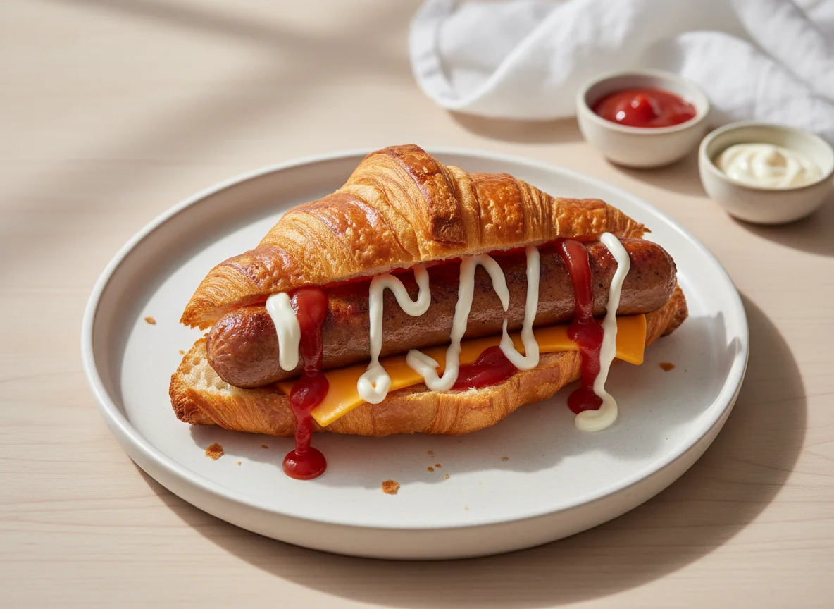 Croissant with Sausage, Cheese, and Sauces photo