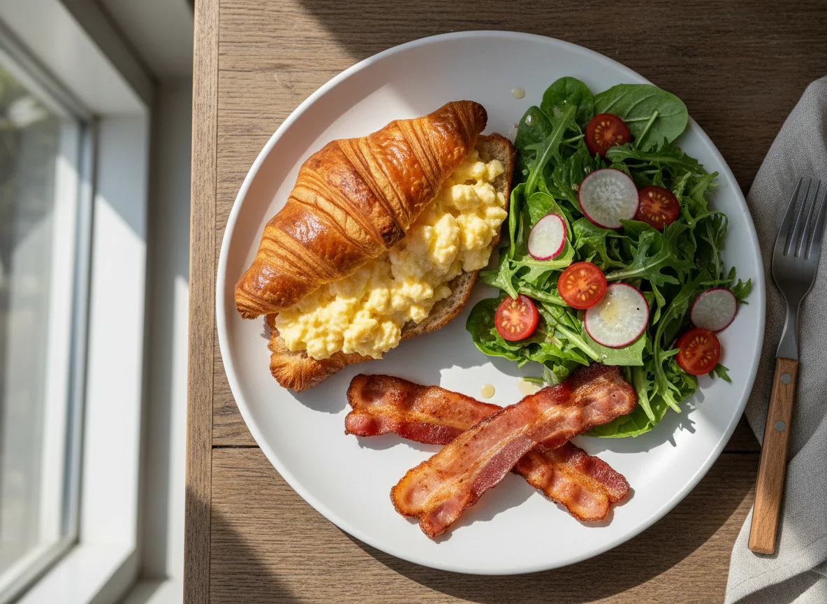 Croissant with Scrambled Eggs, Bacon, and Side Salad photo