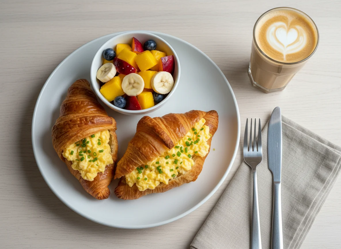 Croissant with scrambled eggs, fruit salad and latte photo