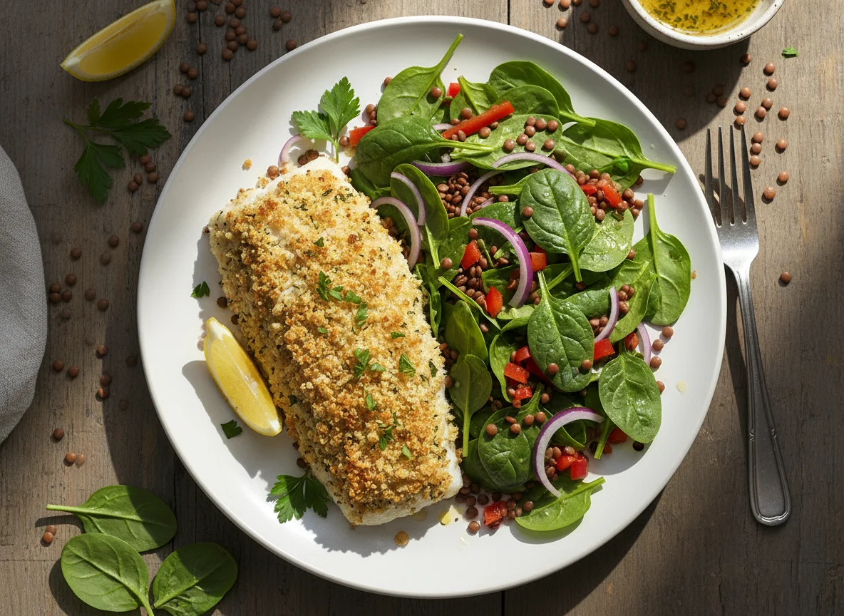 Crusted Fish with Spinach and Lentil Salad photo
