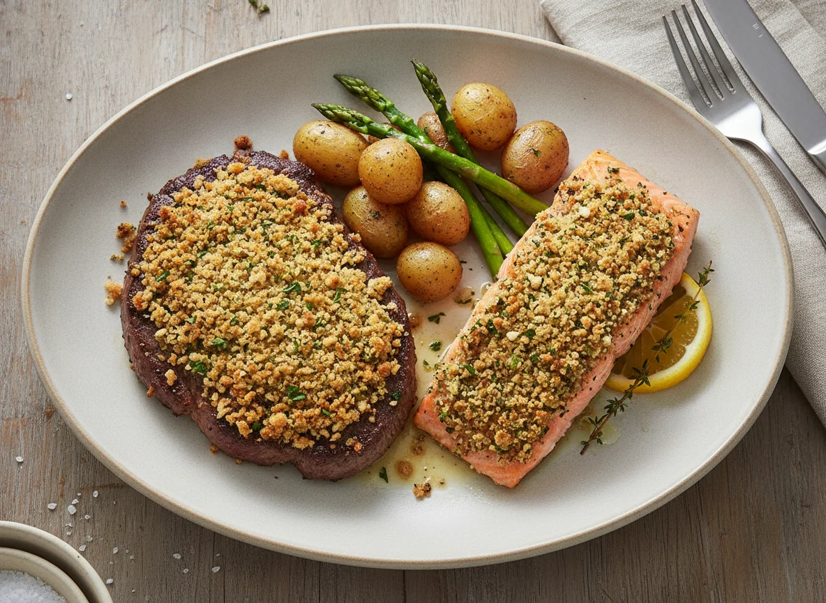 Crusted Steak and Salmon photo