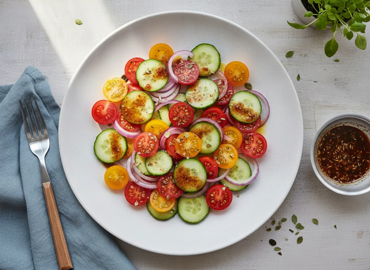 Cucumber and Cherry Tomato Salad with Dressing photo
