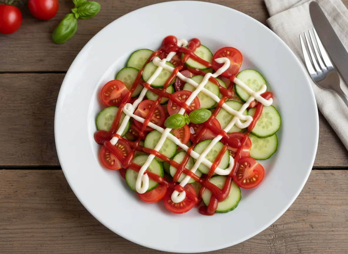 Cucumber and Tomato Salad with Ketchup and Mayonnaise photo