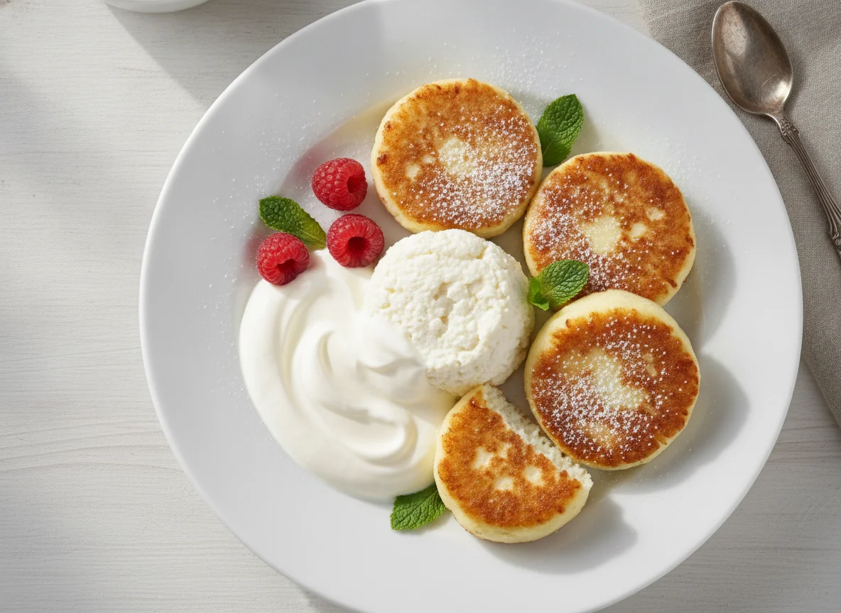 Curd cheese with sour cream and syrniki photo