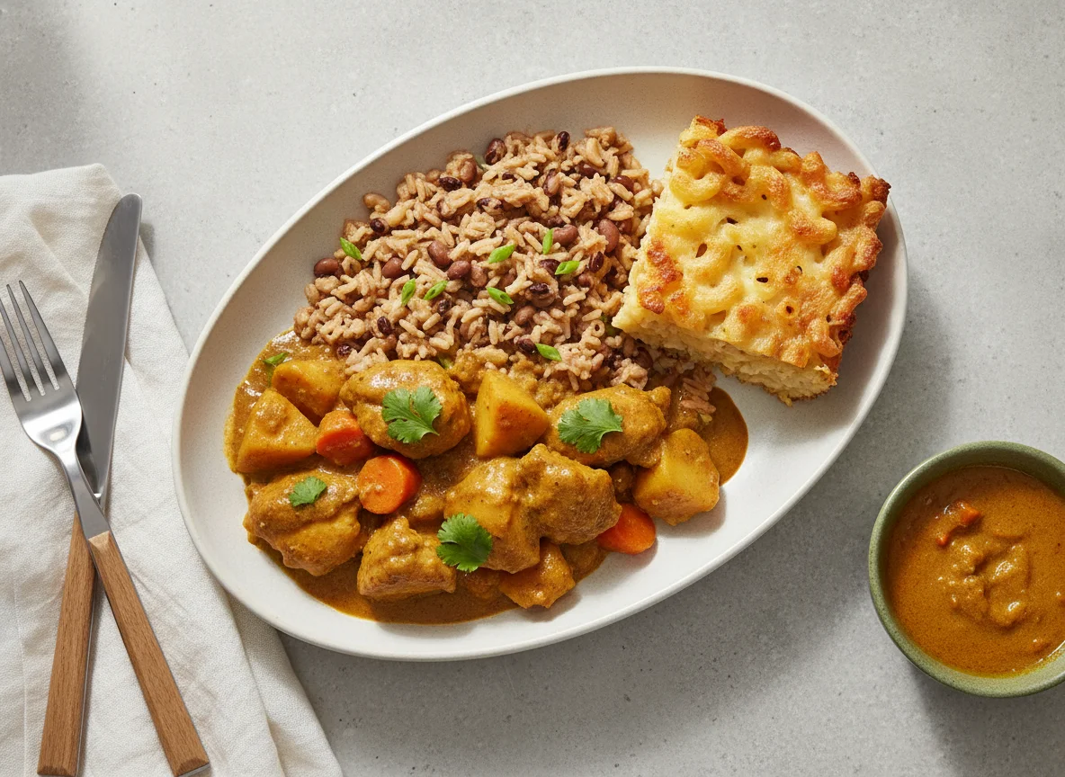 Curried Chicken with Rice and Macaroni Pie photo