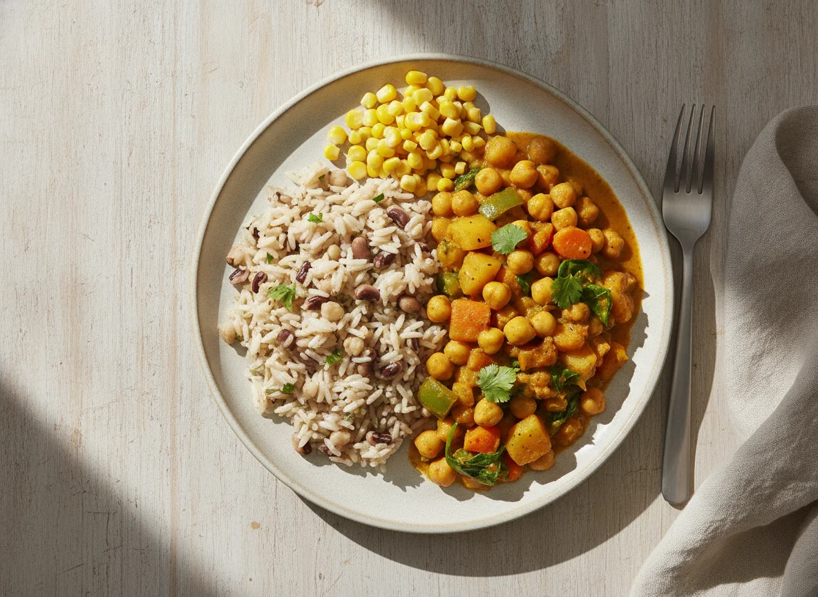 Curried Chickpeas and Vegetables with Rice and Sweetcorn photo
