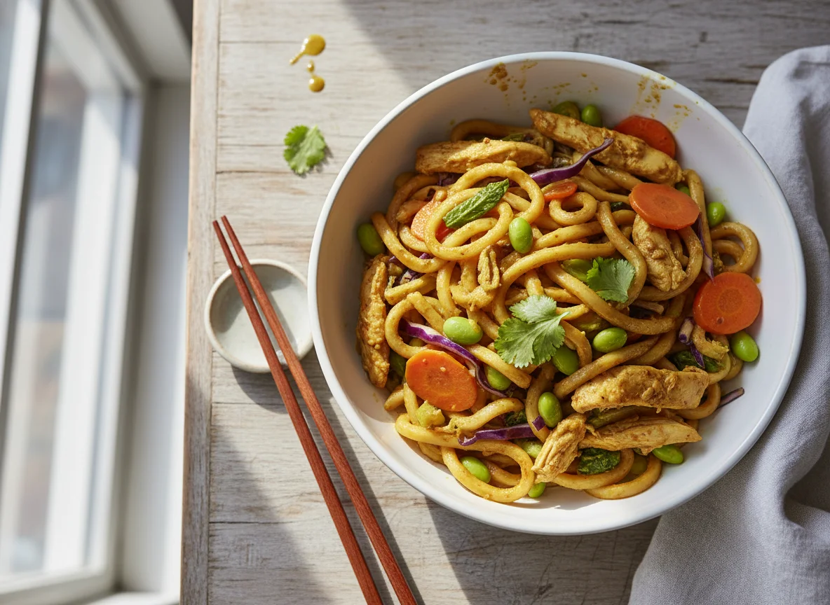 Curried Udon Noodles with Chicken and Vegetables photo