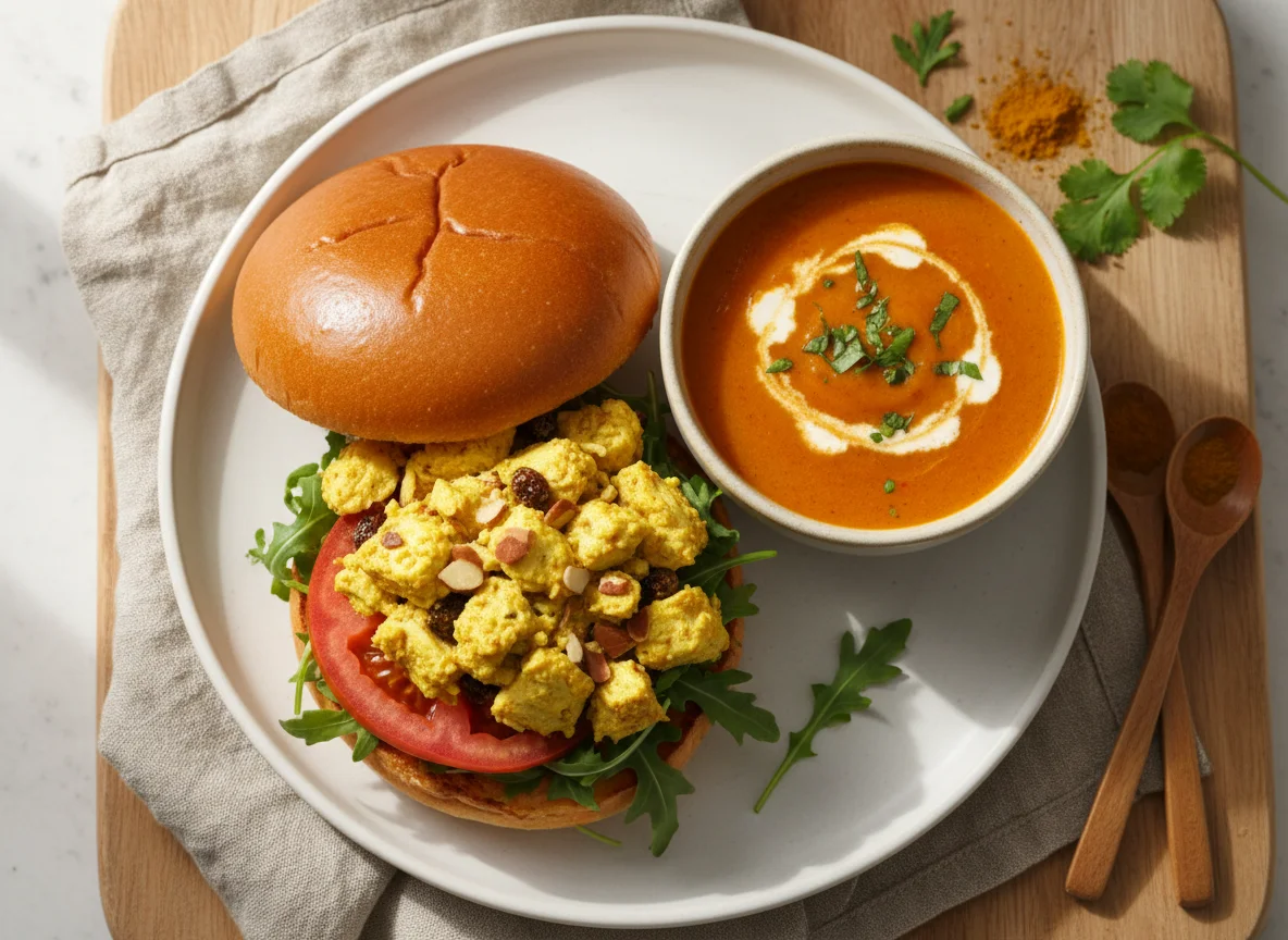 Curry Chicken Salad Sandwich with Soup photo