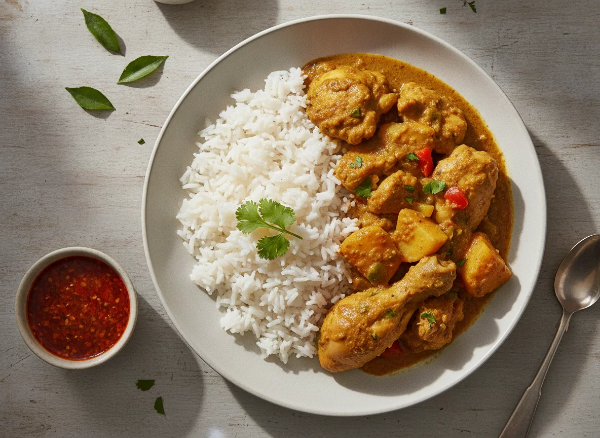 Curry Chicken with White Rice and Pepper Sauce photo