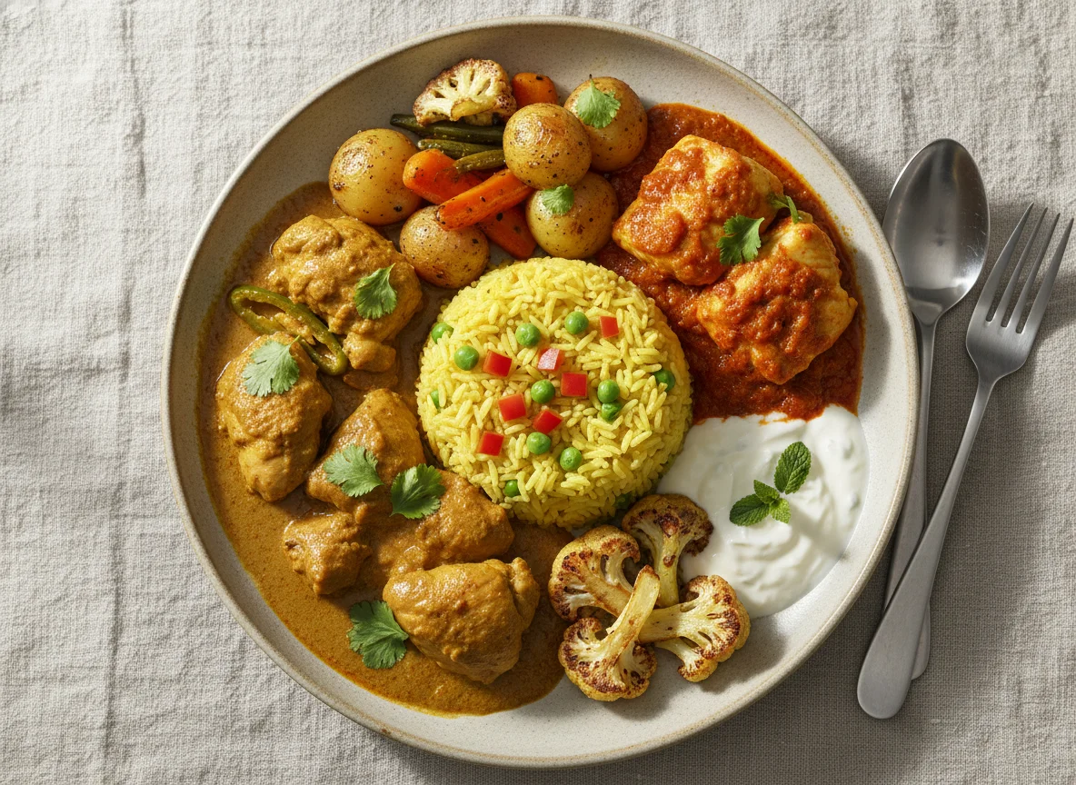 Curry with Chicken, Fish, Rice, and Vegetables photo