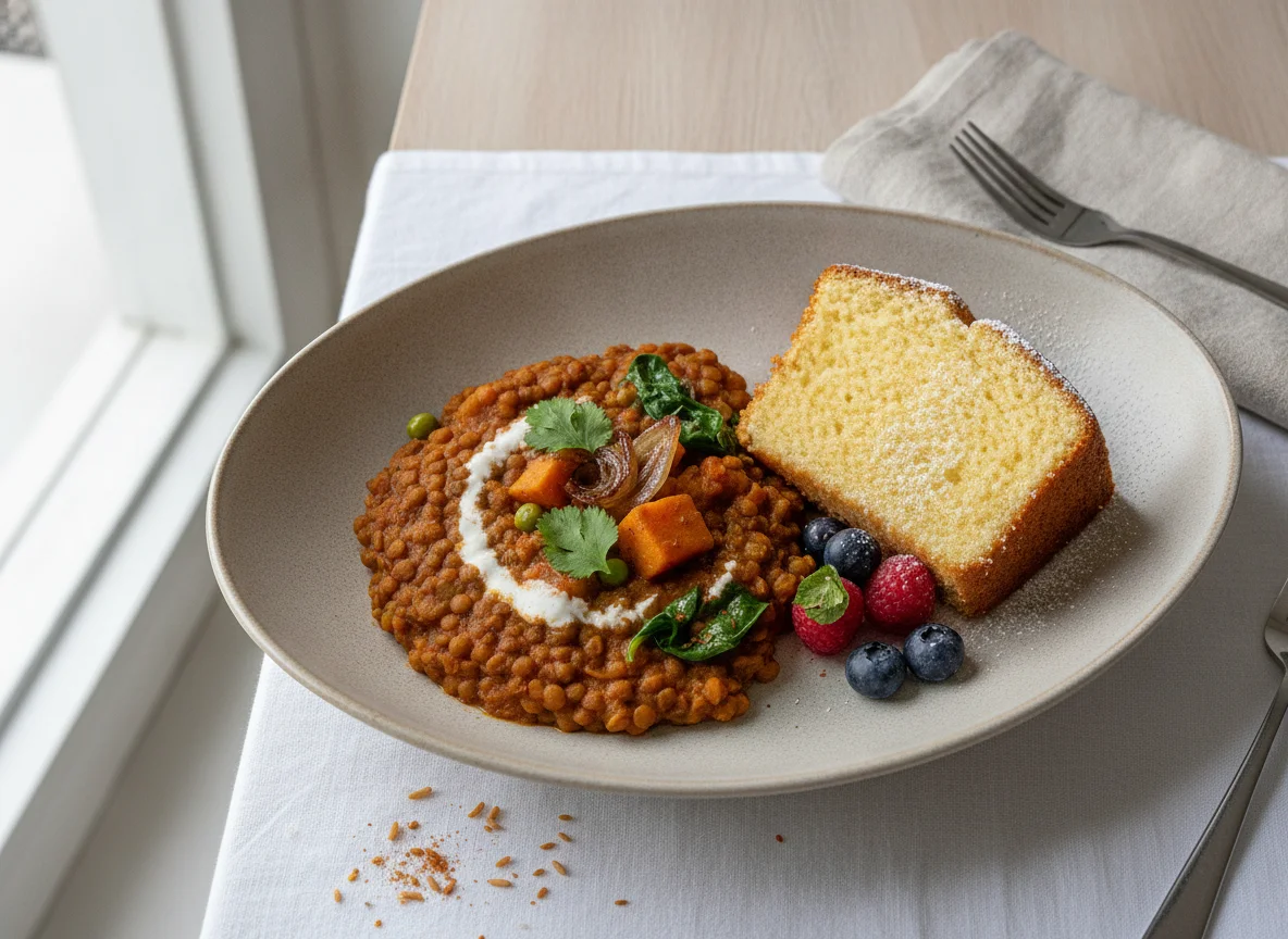 Curry with Pilau Rice and Cake photo