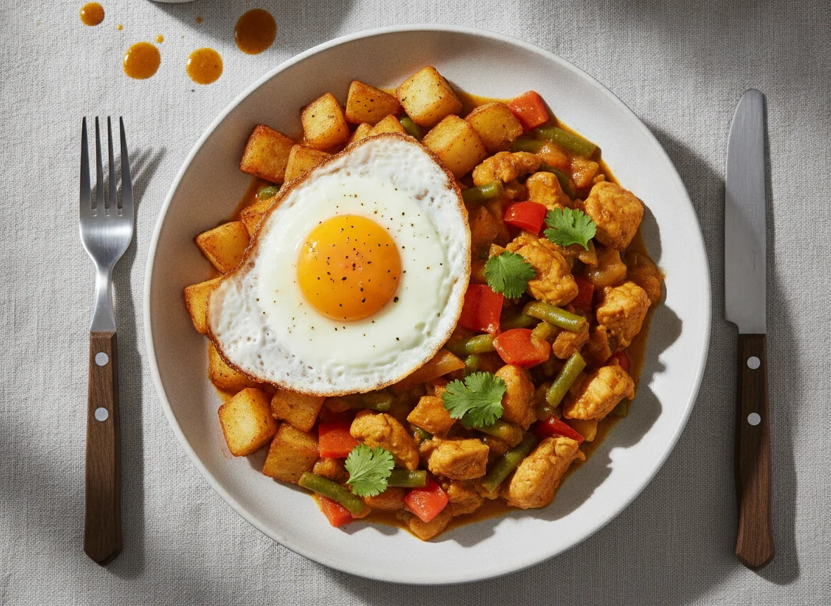 Curry with Potatoes and Fried Egg photo