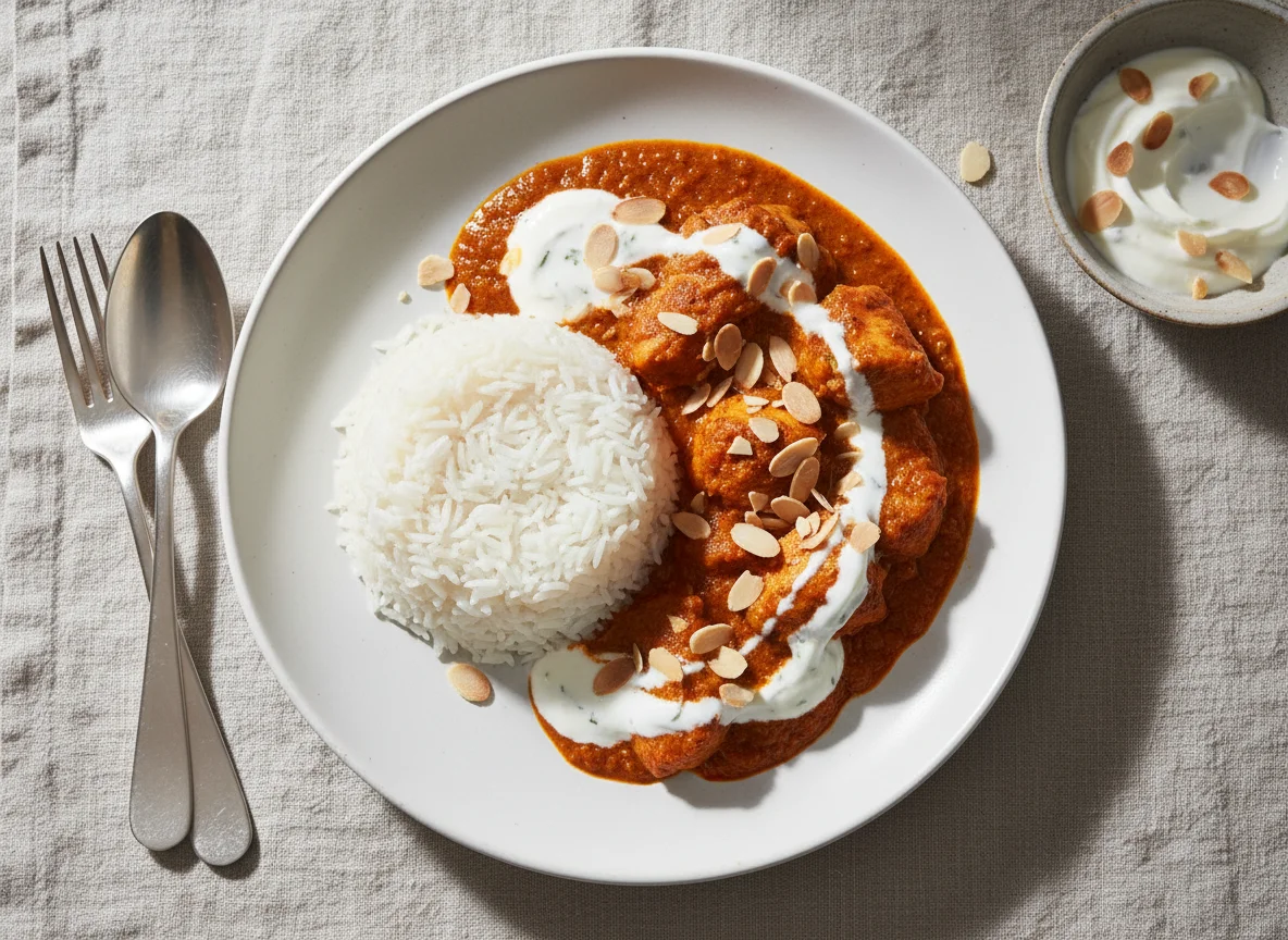 Curry with Rice, Yogurt Sauce and Almonds photo