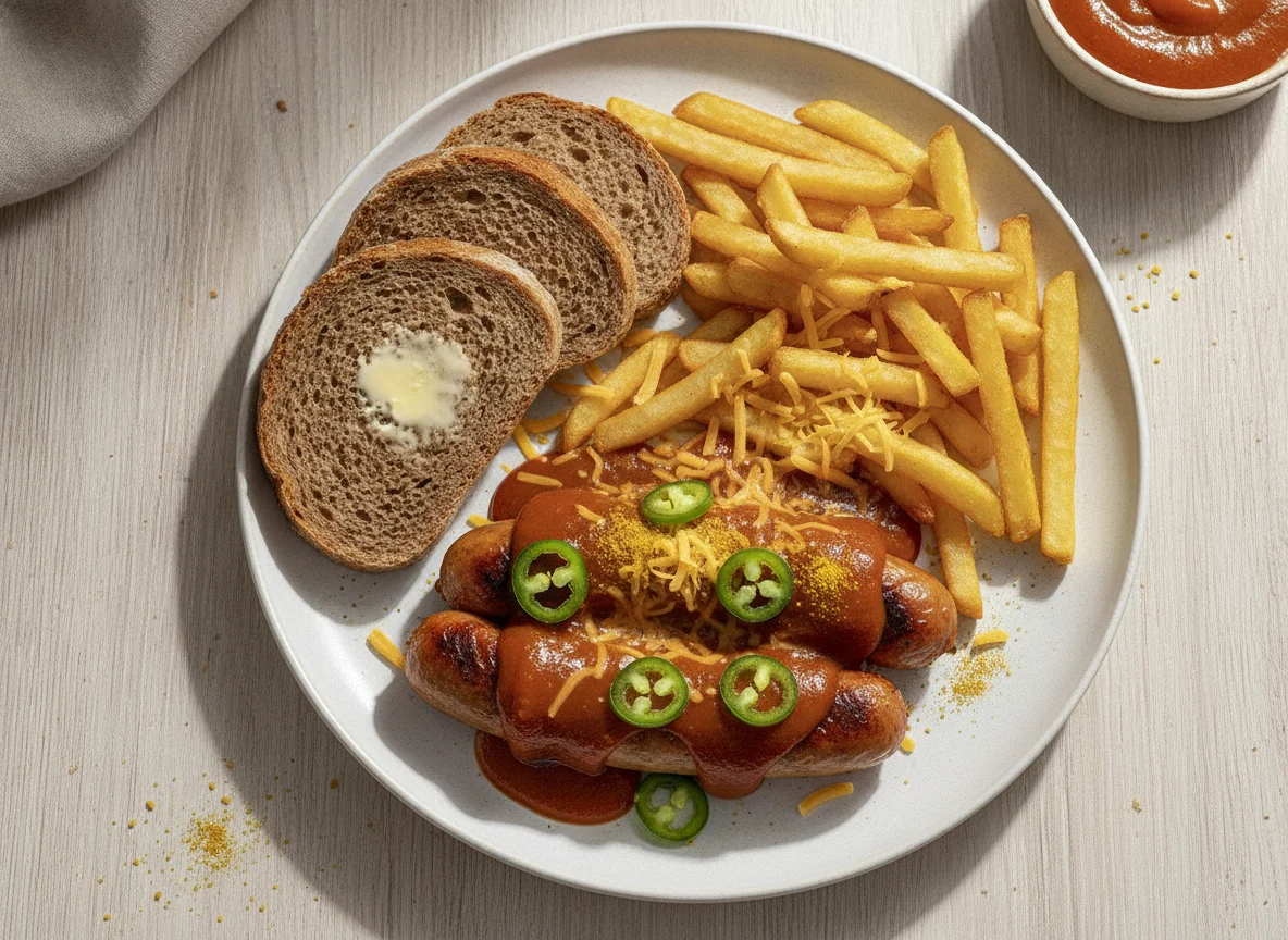 Currywurst with French Fries and Rye Bread photo
