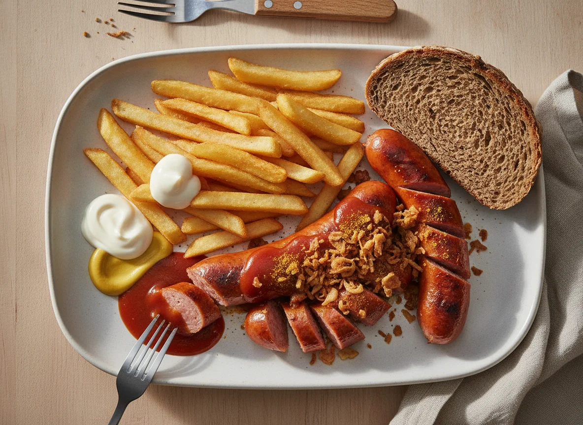 Currywurst with Fries and Rye Bread photo
